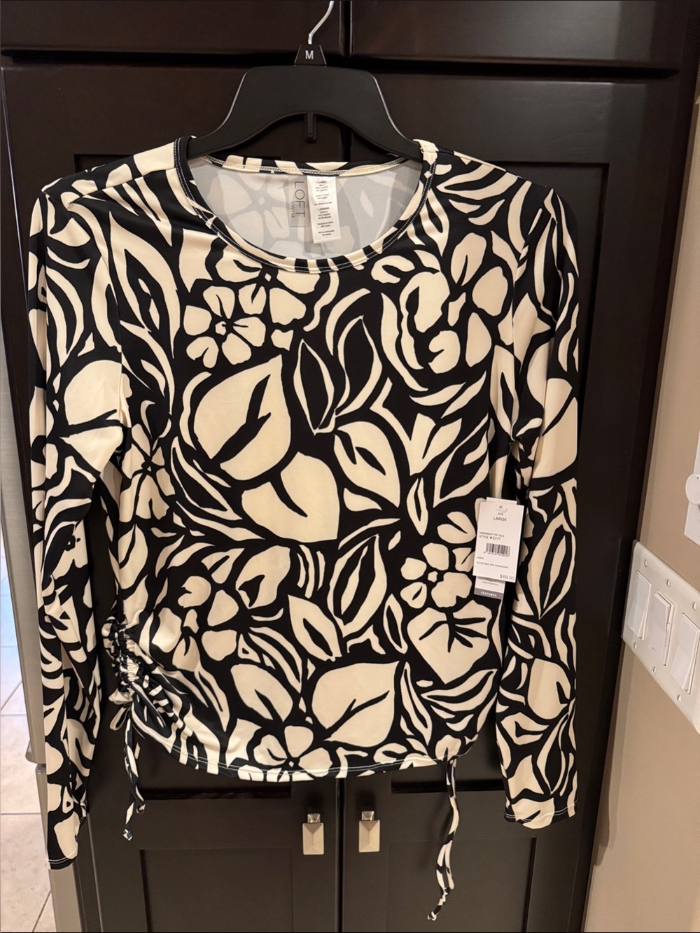 LOFT Swim Black and Cream Floral Long-Sleeve Too with side ties. NWT L